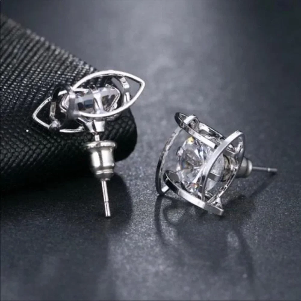 NEW STERLING SILVER 3D CAGE DIAMOND STUD EARRINGS - Picture 6 of 6